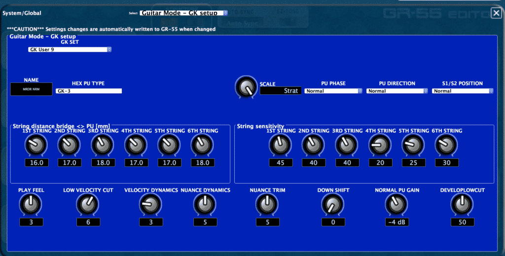 Roland GR-55 pickup settings for Roland GK-3 