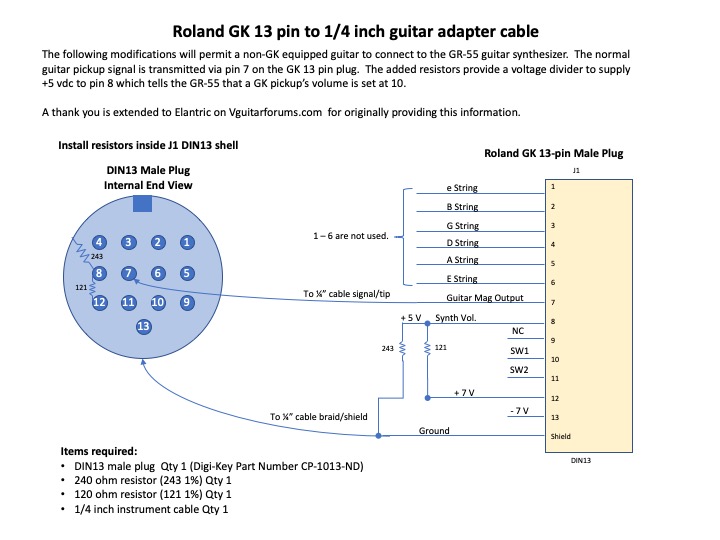 Roland GK 13 pin to 1-4 inch guitar adapter cable